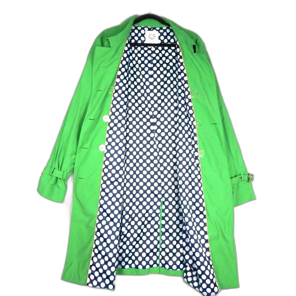 Isaac Mizrahi Kelly Green Trench Coat XL Polka Dot Lined Preppy Spring Raincoat
